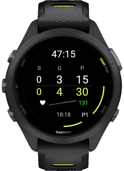 A Garmin watch showing a live padel score mid-match