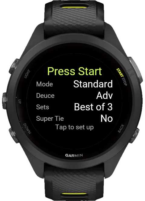 Match setup on the watch: mode, deuce rule, sets, tie-break